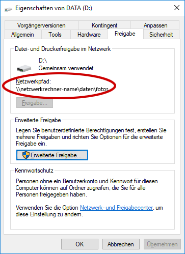 Netzwerk unter Windows 10: So ermitteln Sie den Netzwerkpfad am anderen Rechner.