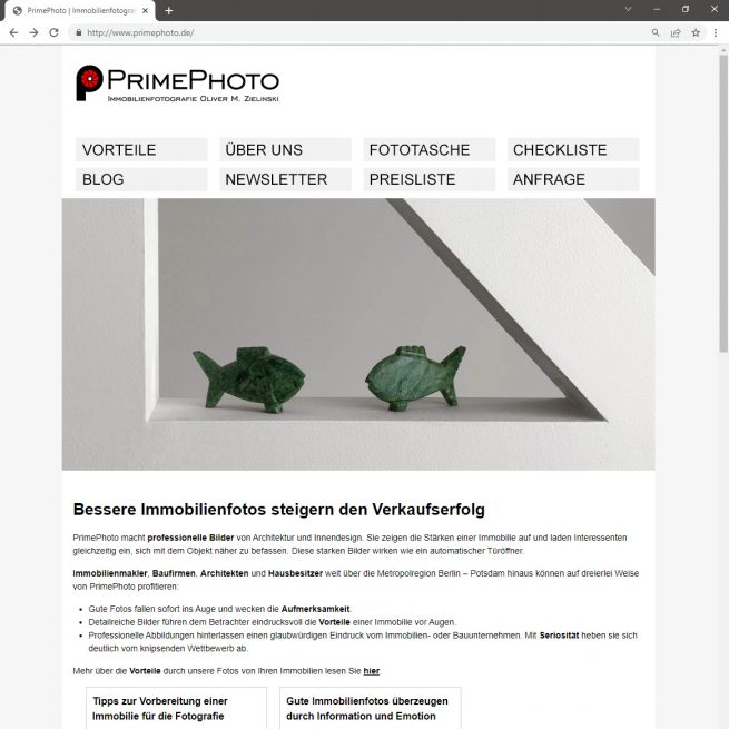 Erste Version der PrimePhoto-Homepage