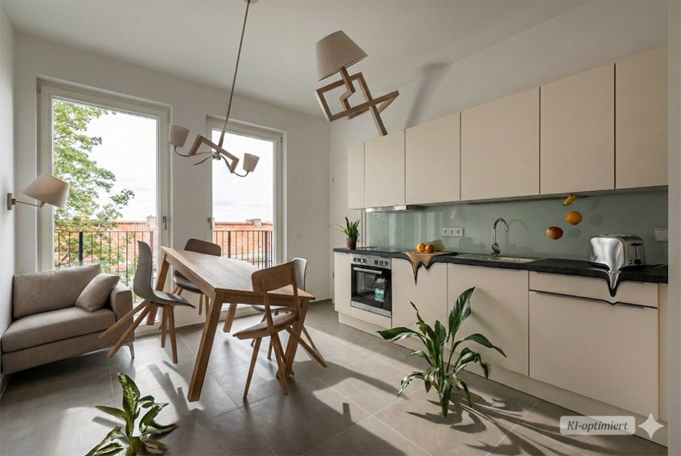 Beim Virtual Staging des Fotos dieser ursprünlgich leeren Küche ging alles schief. KI halluziniert - okay, hier zur Verdeutlichung etwas übertrieben.