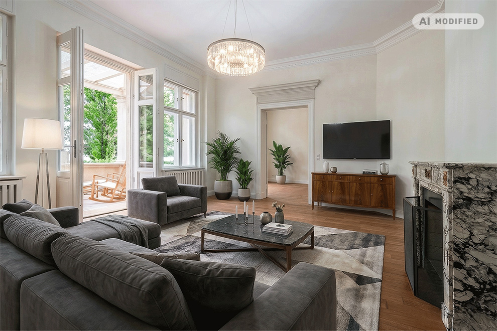 Gleiches Wohnzimmer virtuell mit moderner Einrichtung bestückt.